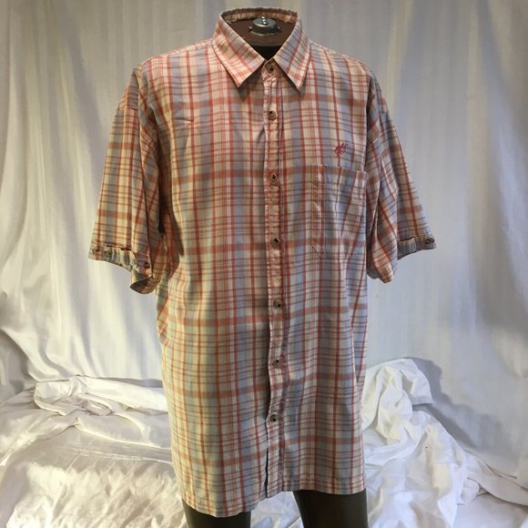 Exco Jeans Mens Vintage Orange Blue Plaid Button Down Shirt Short Sleeve Sz 2XL - Picture 1 of 16